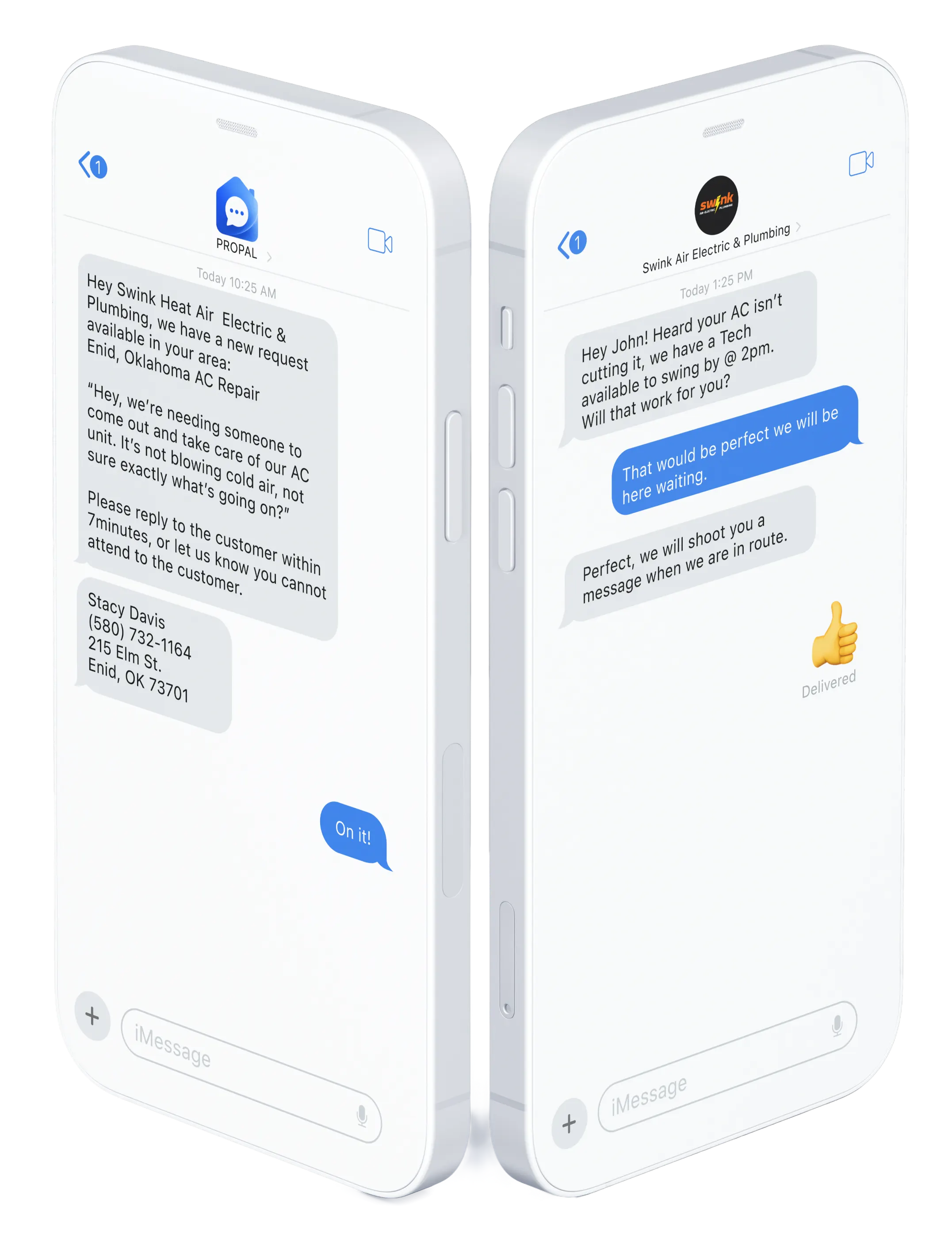 A job arriving to a pro with the customer’s details, and the pro then texting the homeowner directly