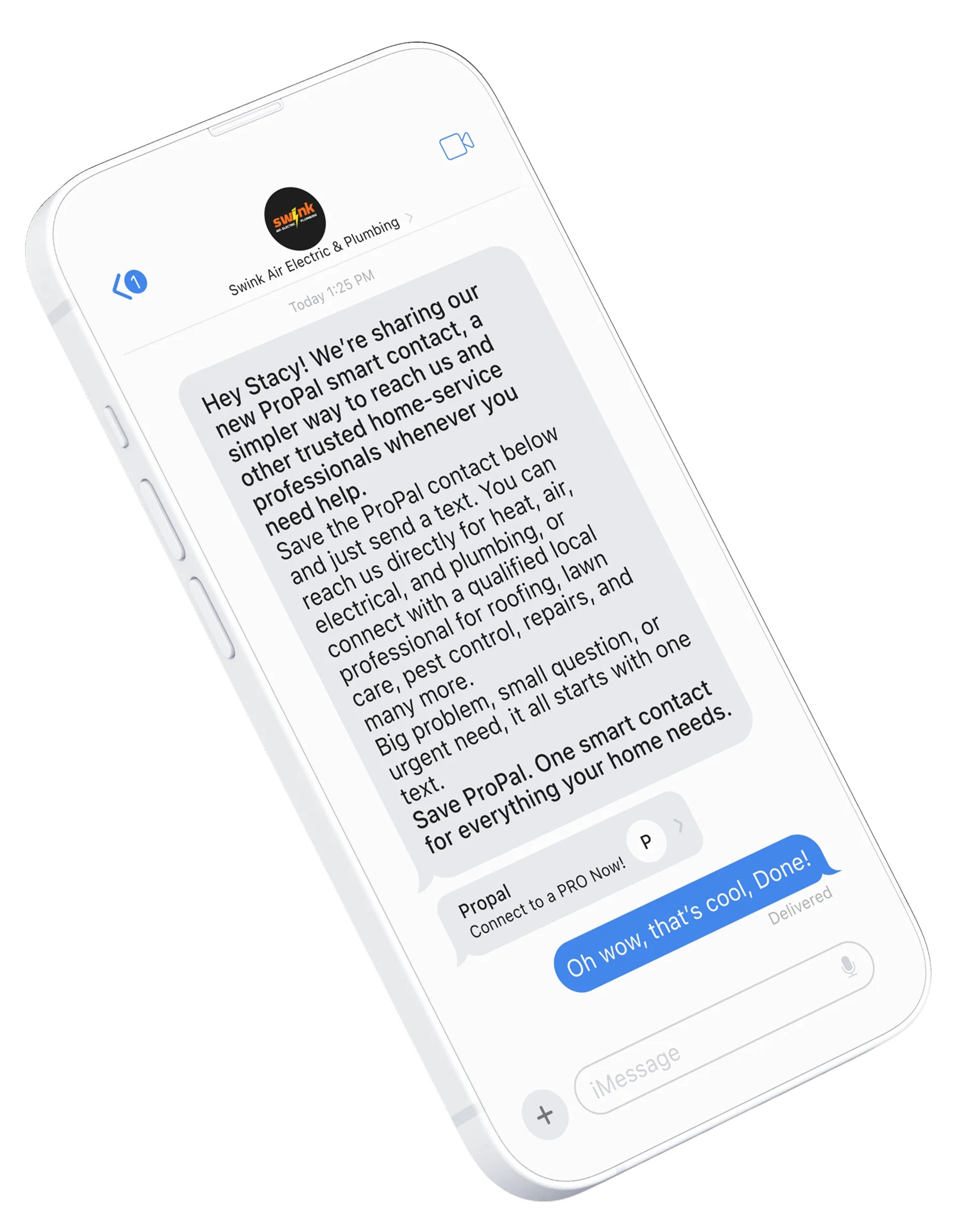 A service pro texting their ProPal smart contact to a customer, who saves it