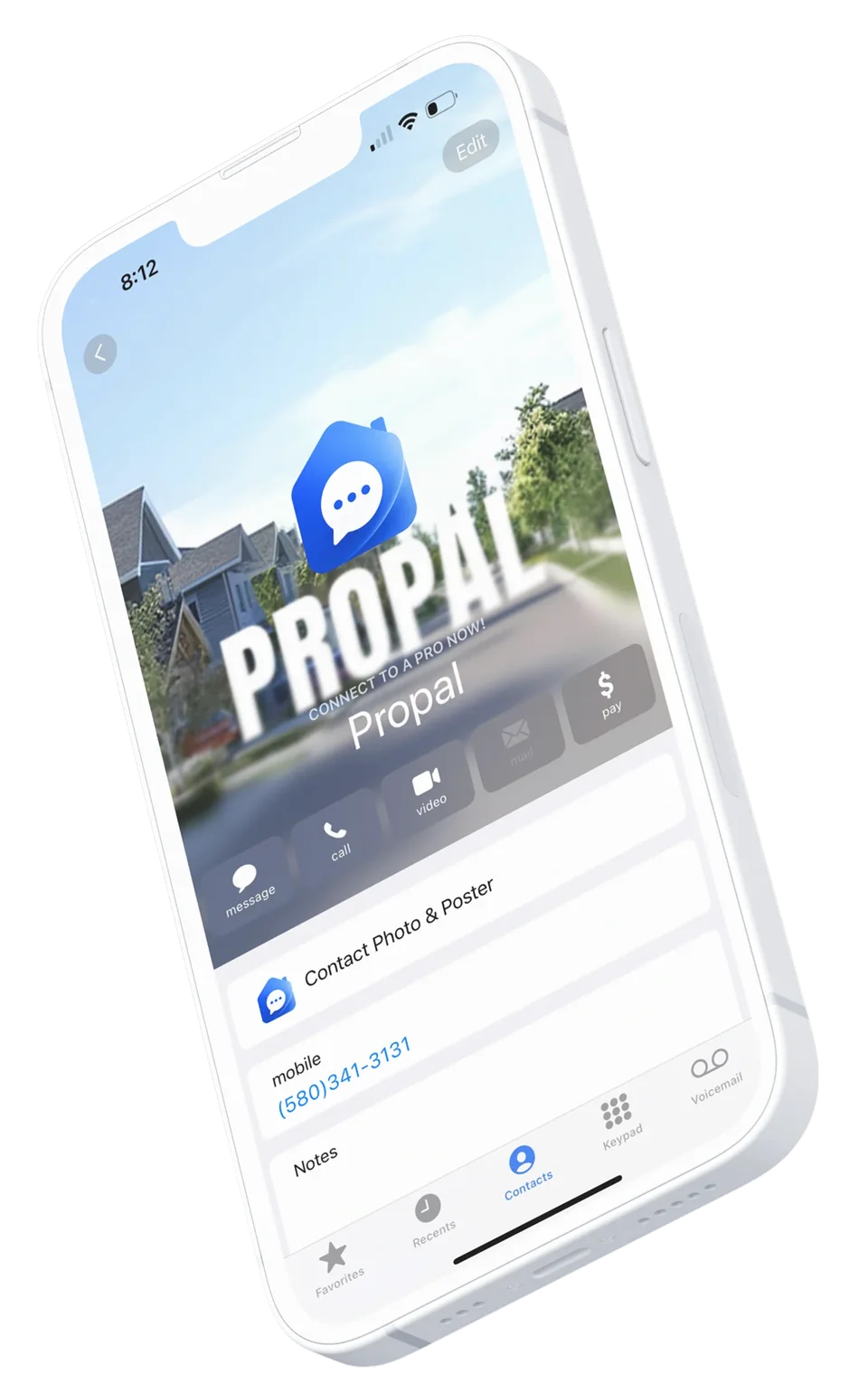 ProPal saved as a contact on an iPhone, with message and call buttons