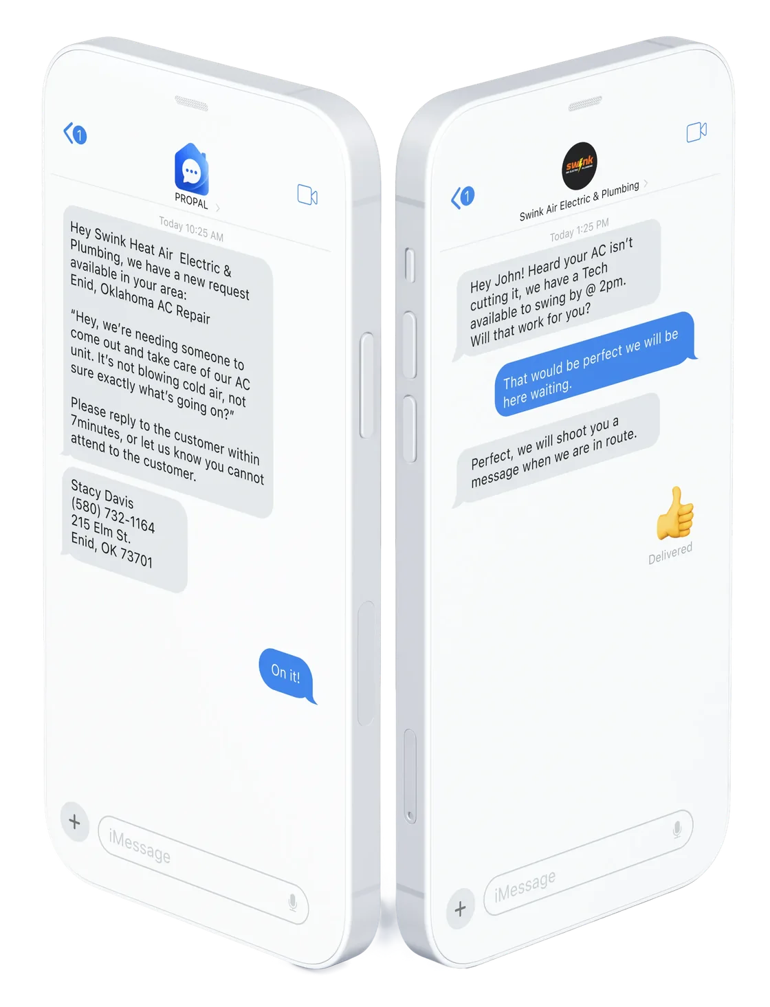 A job arriving to a pro with the customer's details, and the pro then texting the homeowner directly