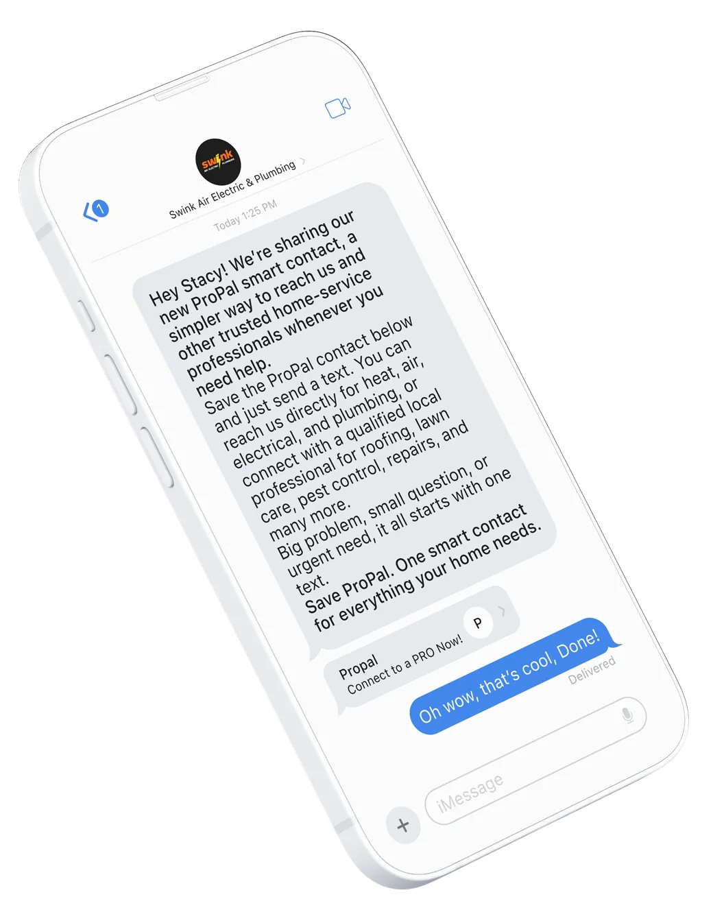 A service pro texting their ProPal smart contact to a customer, who saves it